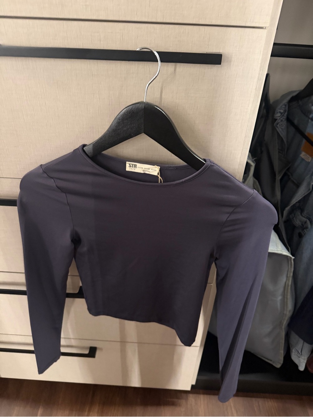 Bershka Long Sleeve Crop Top in Deep Navy
